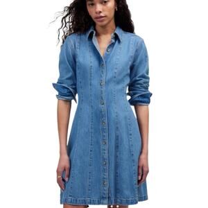 NWT Madewell Seamed Mini Dress Airy Denim Long Sleeve Button Front Blue Size 6